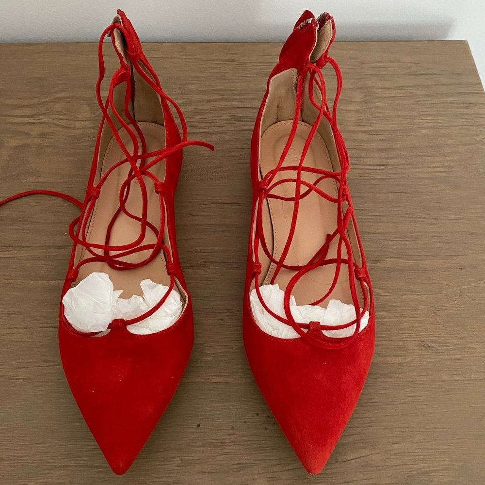 Red Suede J. Crew Tie Up Pointy Flats